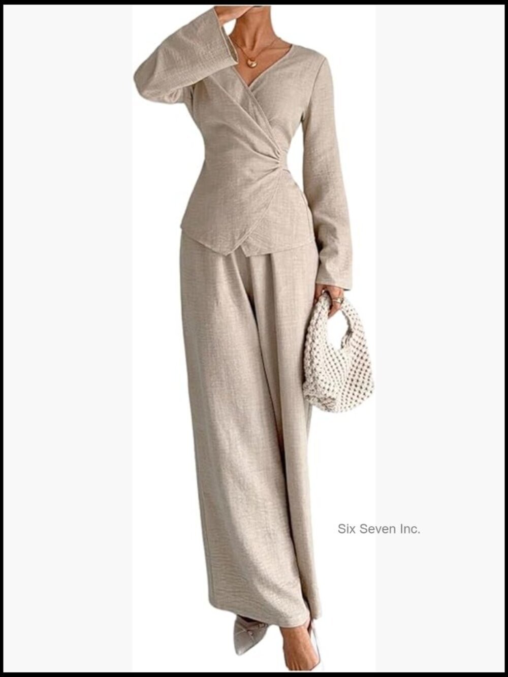 Two Piece Outfit Long Sleeve Wrap Tie Top and Pants Work Business